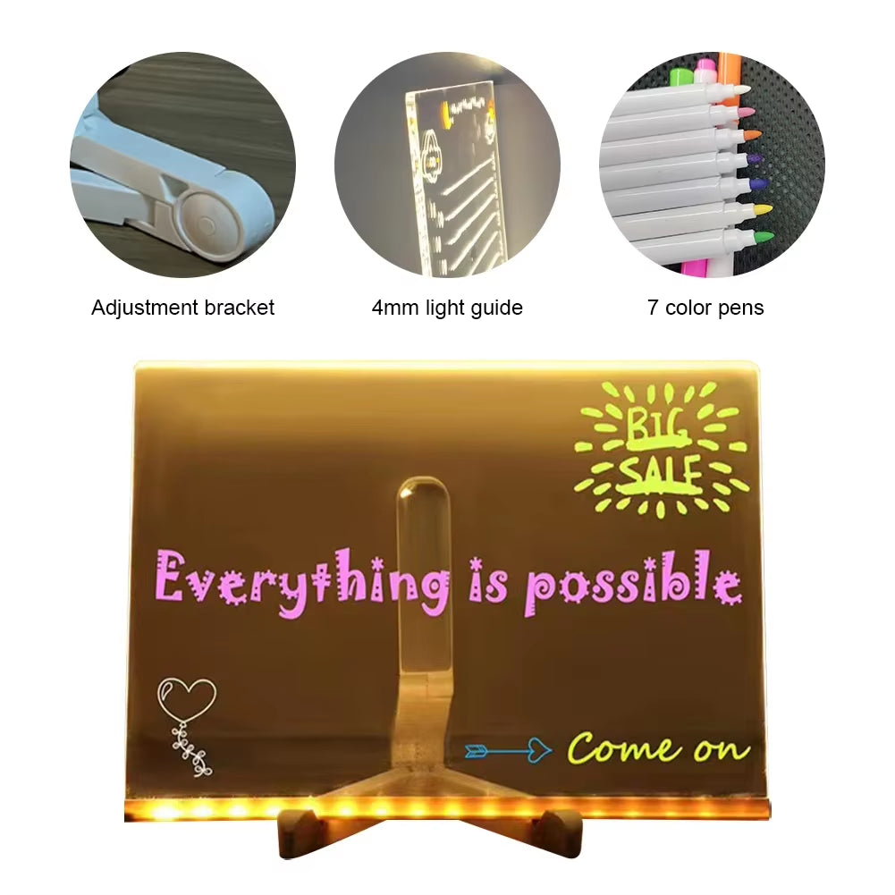 LED Note Board with 7 Colorful Pens Acrylic Dry Erase Board Erasable Neon Sign Clear Writing Board for Office School Home