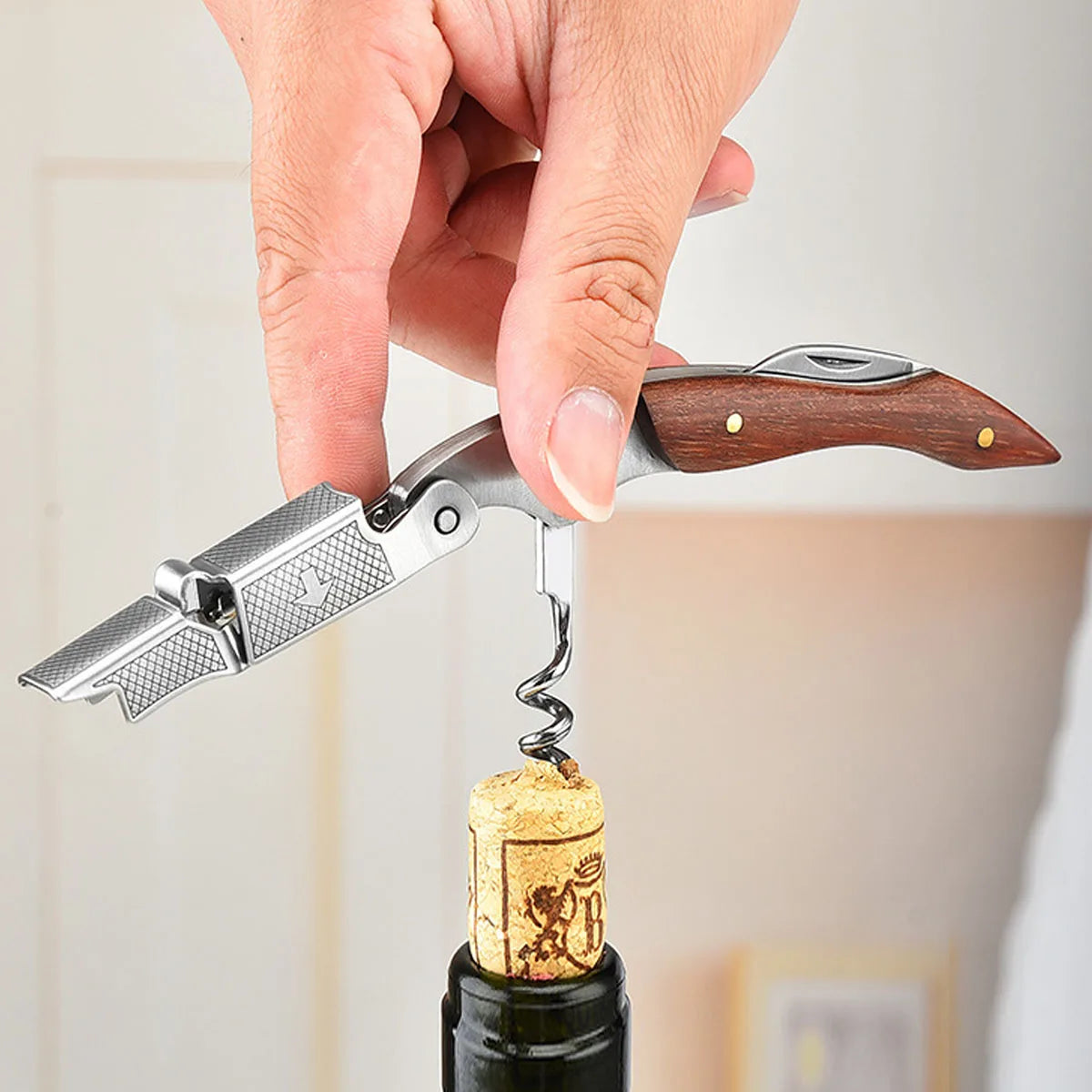Wine Opener, Double Hinged Manual Wine Key for Bartender, Server, Waiter, Stainless Steel Wine Bottle Opener Corkscrew