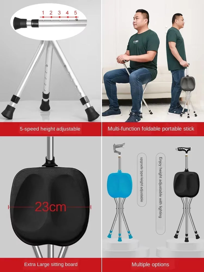 Nonslip Walking Cane for Elderly Lightweight Folding Fourleg Crutch Enlarged Seat Adjustable Mobility Stick Senior Walking Aid