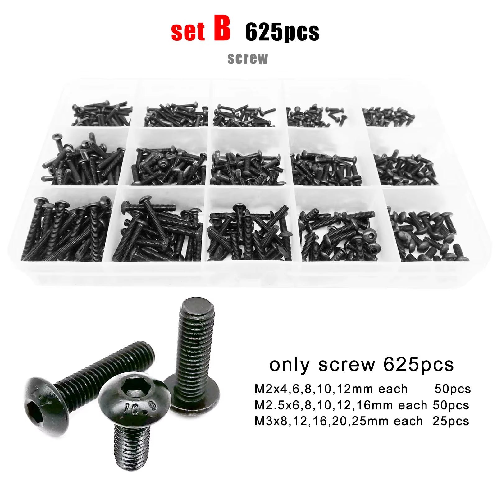 400/2100Pcs M1.6 M2 M2.5 M3 M4 M5 Black Grade 10.9 Steel Hex Hexagon Socket Button round Head Screw Bolt Nut Washer Set Kit Box