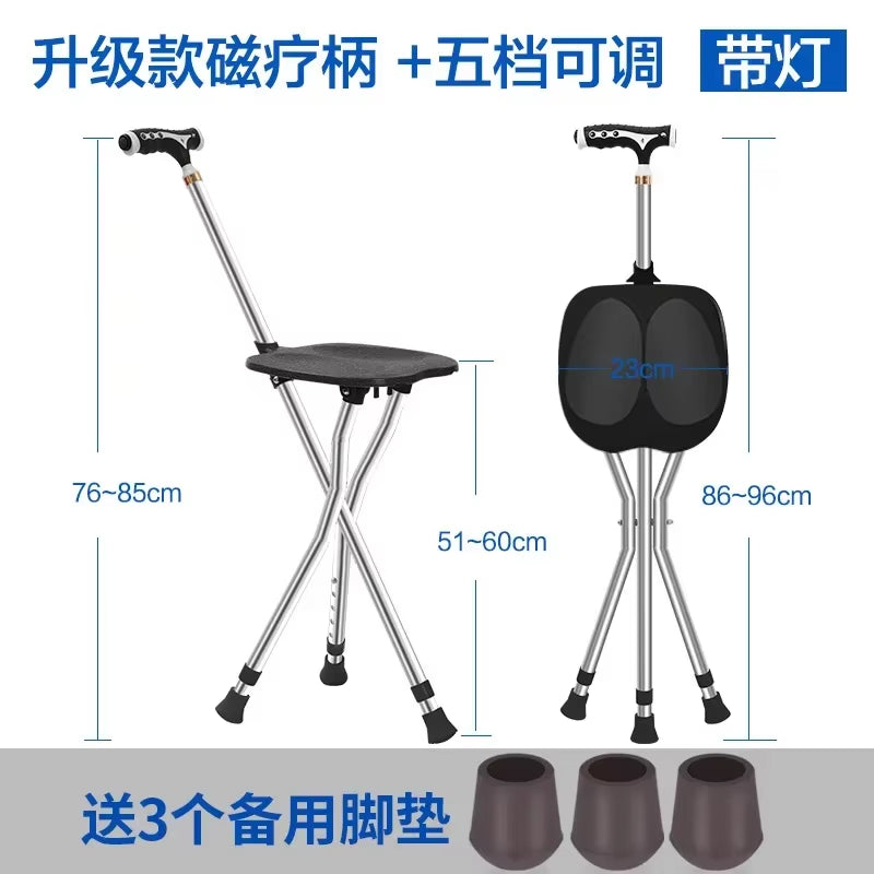 Nonslip Walking Cane for Elderly Lightweight Folding Fourleg Crutch Enlarged Seat Adjustable Mobility Stick Senior Walking Aid