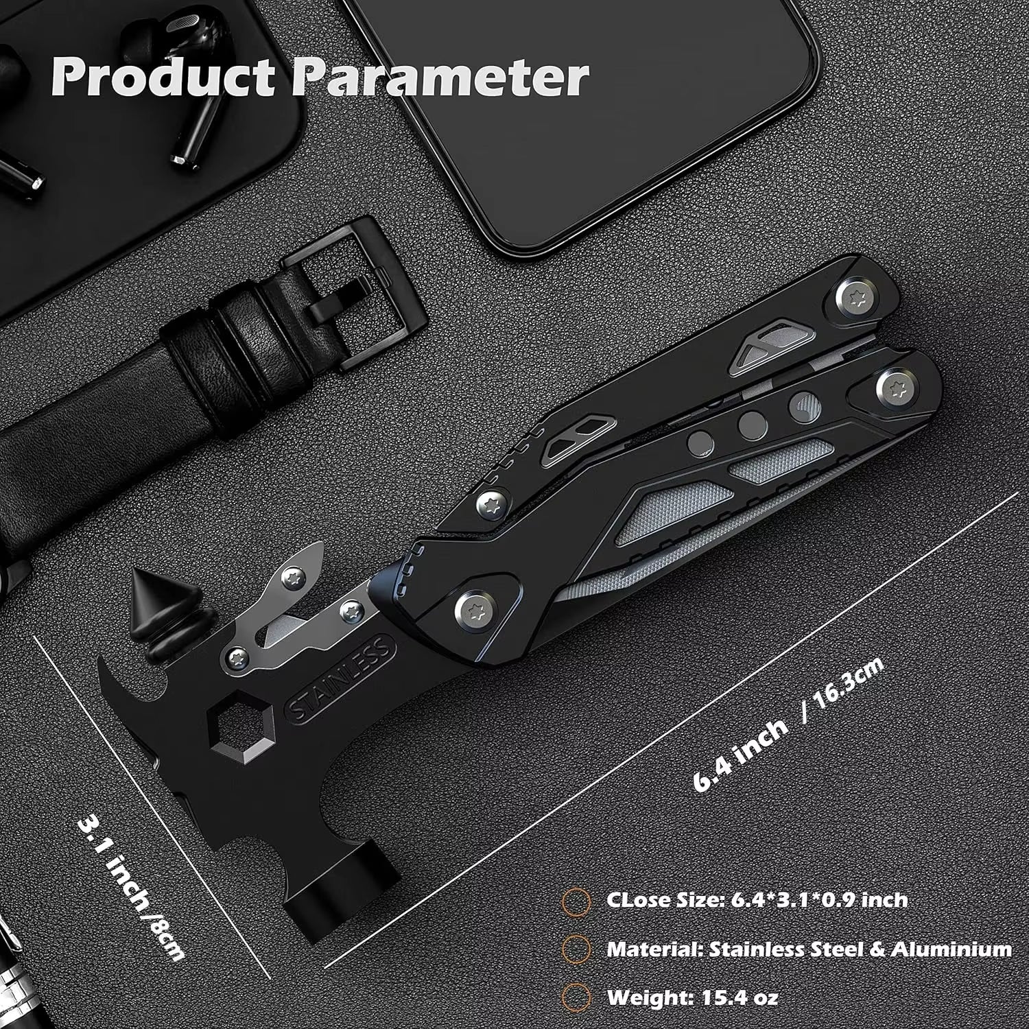 16-In-1 Multi-Function Hammer Portable Car Camping Survival Tool with Window Breaker Seatbelt Cutter for Outdoor