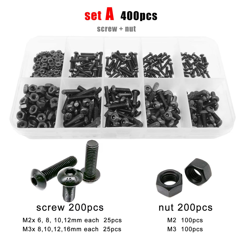 400/2100Pcs M1.6 M2 M2.5 M3 M4 M5 Black Grade 10.9 Steel Hex Hexagon Socket Button round Head Screw Bolt Nut Washer Set Kit Box