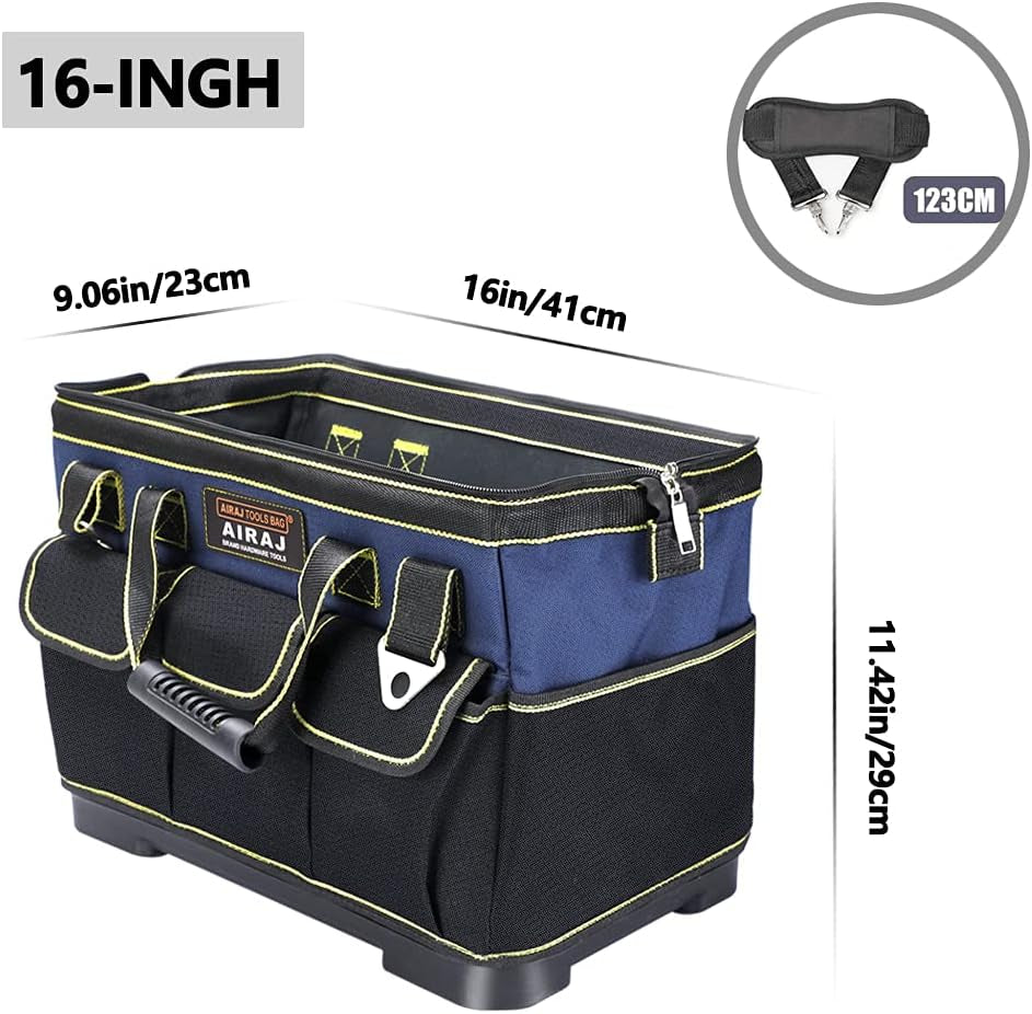 Tool Bag 16 Inch,Wide Mouth Tool Bags for Men Heavy Duty with Waterproof Molded Base,Tools Organizer for Home Repairs,Garage Storage,Professional Work,Adjustable Shoulder Strap,Blue
