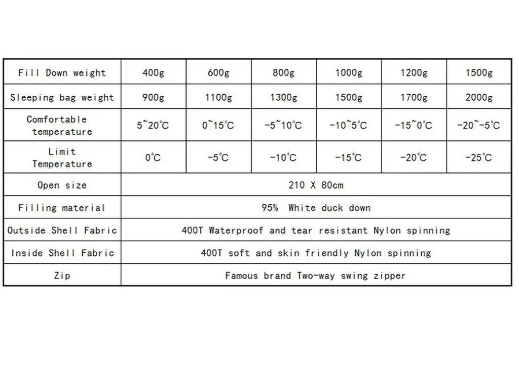 White Duck down Outdoor Camping Sleeping Bag Suitable for Adult Winter Keep Warm