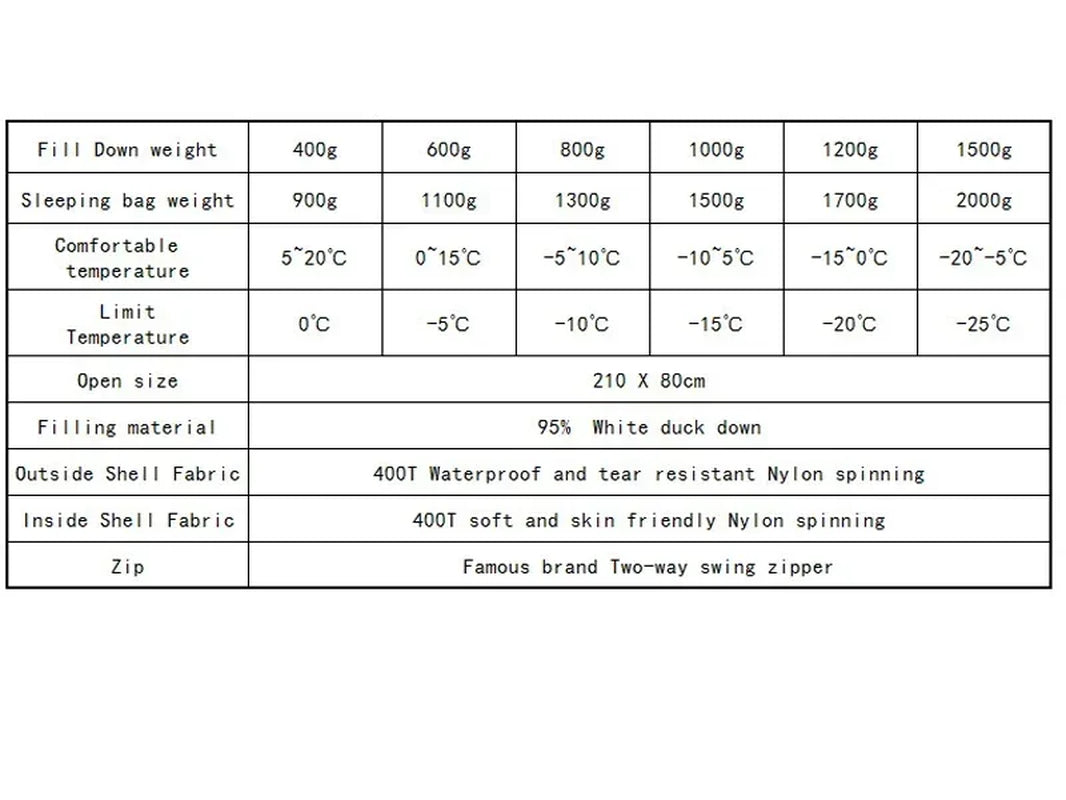 White Duck down Outdoor Camping Sleeping Bag Suitable for Adult Winter Keep Warm