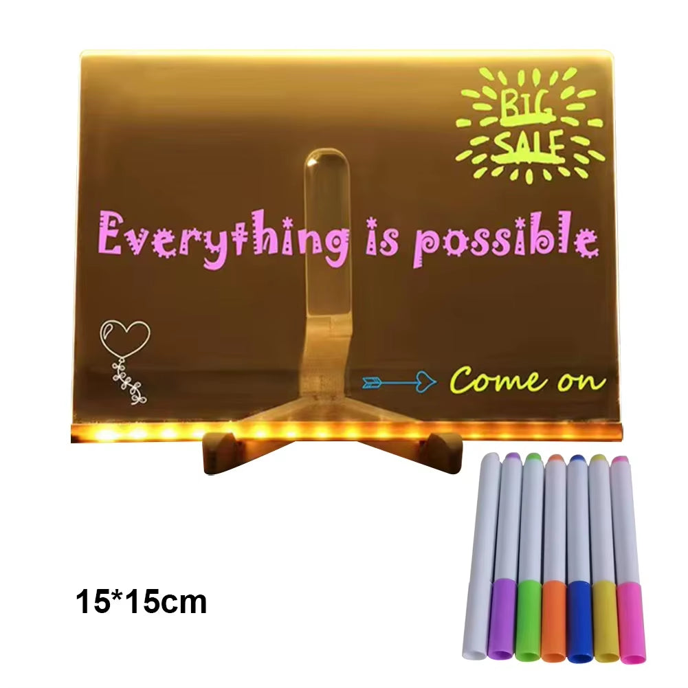 LED Note Board with 7 Colorful Pens Acrylic Dry Erase Board Erasable Neon Sign Clear Writing Board for Office School Home