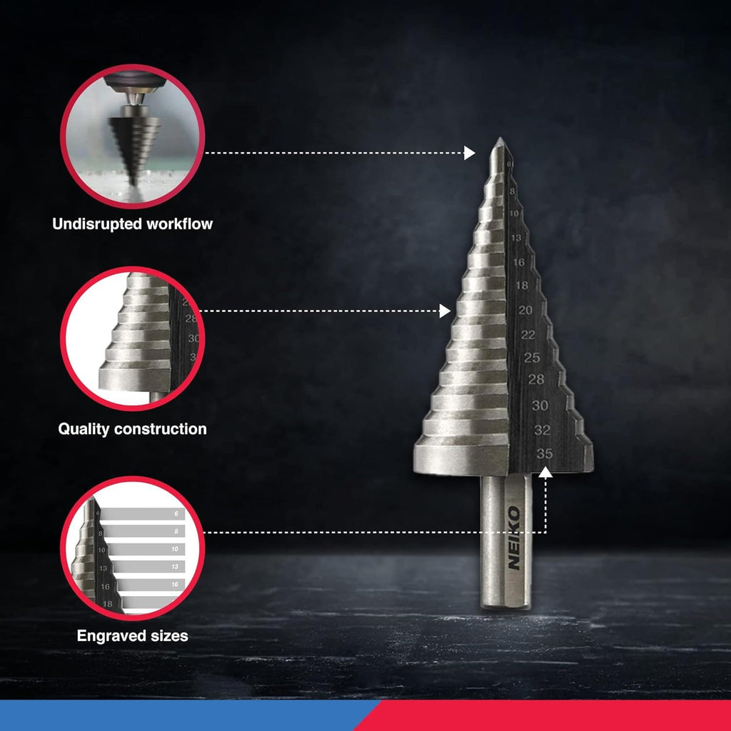 10198A Step Drill Bit Set | 5 Piece, 4Mm- 35Mm | Metric Titanium High Speed Steel Unibit, Stepper Cone Drill Bit | Two Flute Step down Bits, 135 Degree Point