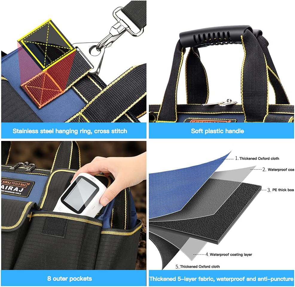 Tool Bag 16 Inch,Wide Mouth Tool Bags for Men Heavy Duty with Waterproof Molded Base,Tools Organizer for Home Repairs,Garage Storage,Professional Work,Adjustable Shoulder Strap,Blue